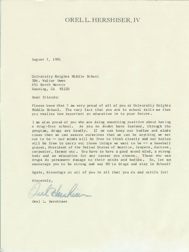 Orel Hershiser letter