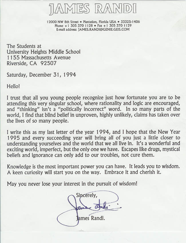 James Randi's letter